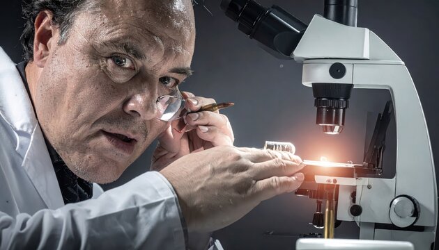 Forensic scientist carefully examines evidence under a powerful microscope in a dimly lit laboratory setting