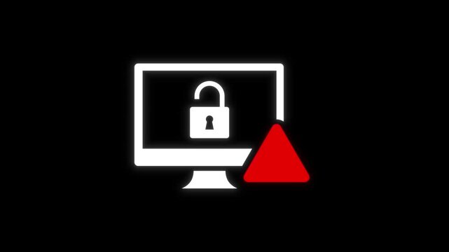 Computer Monitor Unlocked Cyber Security Breach Alert on Black Background Loop