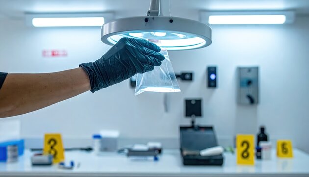 Forensic scientist's hand in black glove holding evidence beaker under lab light