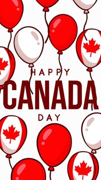 Festive Canada Day background featuring red and white balloons decorated with maple leaves, bold patriotic typography, and a cheerful holiday atmosphere