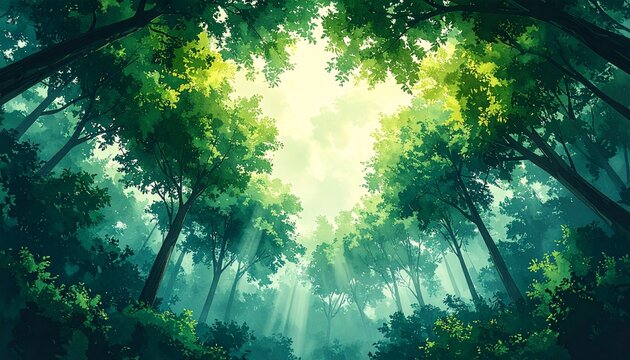 深緑の森と木漏れ日が広がる環境背景