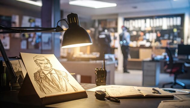 Forensic sketch artist's suspect drawing and police radio on a dimly lit desk in an investigation office