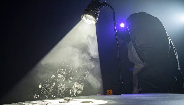 Forensic UV light reveals hidden evidence and dust particles in a dark crime scene investigation.