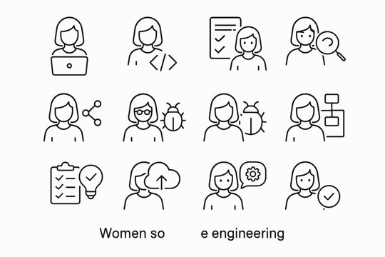 Women in Tech Icons. Women in software engineering. Line outline icon set of Women in software engineering: