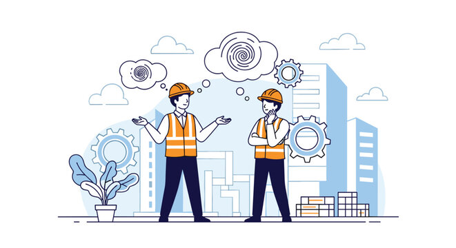 Industrial engineers in hard hats and safety vests discussing construction project with thought bubbles showing mechanical gears.