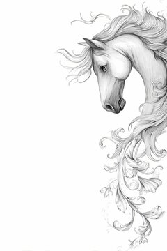 Graceful white horse head in elegant half-profile sketch with dynamic flowing mane and artistic strokes