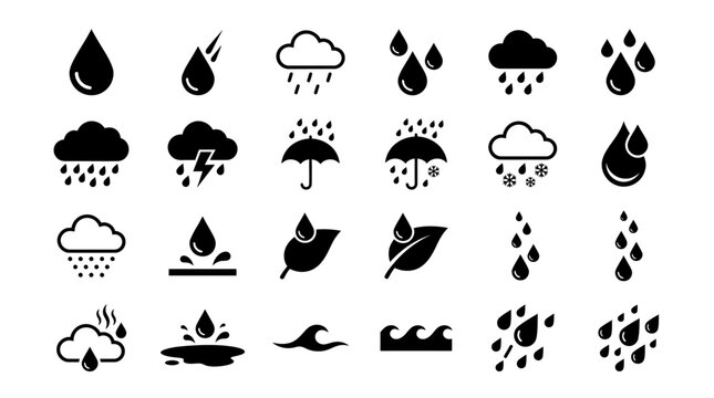 Black and white water droplet icons set with rain, snow, and weather symbols in flat line art style