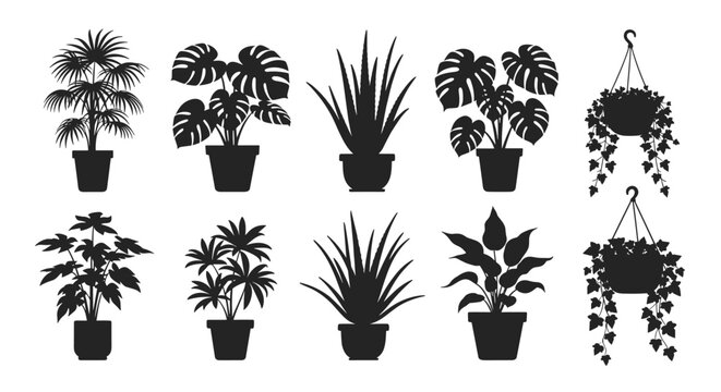 Set of various indoor plant silhouettes in black showing different types of leaves and pots including hanging plants for decor use.