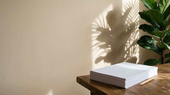 blank paper stack on wooden desk with natural plant shadow creating minimalist workspace background for office productivity and document management
