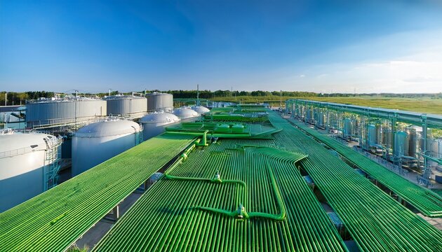 green hydrogen production facility with industrial electrolyzer units and large storage tanks connected by green pipelines under clear sky