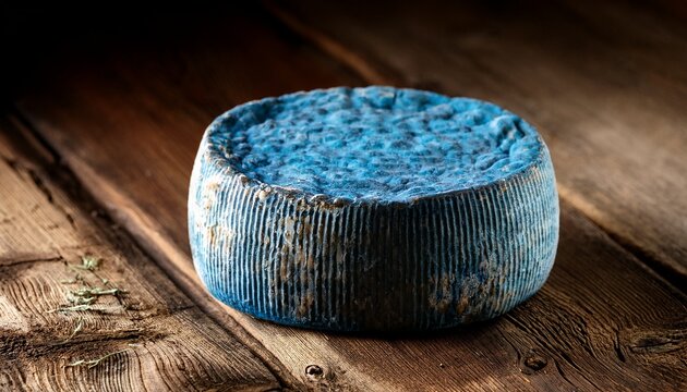gourmet aged cheese wheel with blue mold on rustic wooden surface
