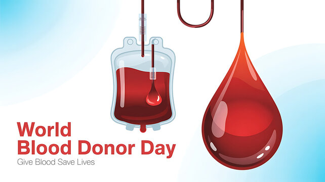 Donor Day concept with bag and large red drop on blue gradient background Give Save Lives