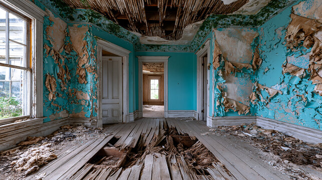 Abandoned Victorian residential interior reveals peeling wallpaper layers curling from plaster walls, collapsed ceiling lath exposing rafters, warped floorboards splitting apart, mold-blossomed corn