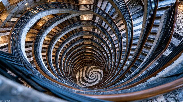 Atrium void viewed directly downward from uppermost gallery rail, concentric balcony rings receding toward terrazzo floor far below, handrail geometry repeating in diminishing ellipses, dramatic aer