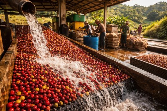 Cerezas de caf&eacute; siendo lavadas y procesadas en una instalaci&oacute;n agr&iacute;cola rural