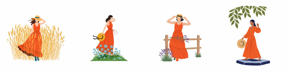 Collection of flat vector illustrations featuring women in long orange dresses posing in various nature scenes including wheat fields, lavender, and floral meadows. © Muqodimatul