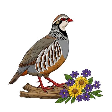 Detailed Chukar Partridge Standing on Branch Beside Colorful Wildflowers
