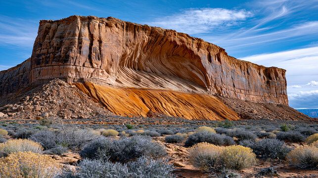 Desert sandstone mesa escarpment eroded into curved alcove, Navajo formation cross-bedded sedimentary layers recording ancient aeolian dune migration, mineral iron oxide staining tracing groundwater