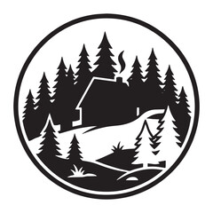 Obraz premium Circular badge with cabin in forest circular wilderness outdoors silhouette woodland adventure landscape vacation naturelovers treeline cabinlife