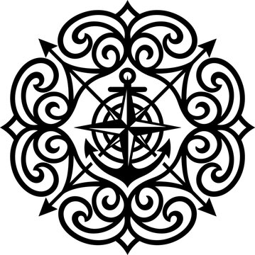 Intricate Black Monogram Ornament Design on White Background, Elegant Vector Illustration. Detailed black ornamental monogram with symmetrical swirls and geometric center on plain white.
