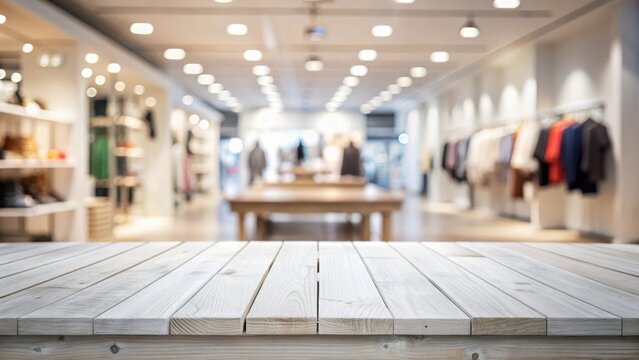 Empty white wooden table top in a blurred store interior