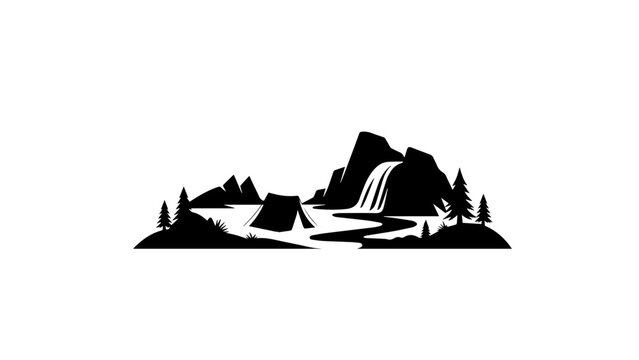 Black silhouette landscape, mountain waterfall scene, nature icon, vector illustration