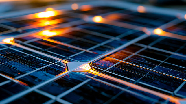Polycrystalline photovoltaic panel surface extreme close, random silicon grain crystal boundary texture, titanium dioxide antireflection coating iridescence, silver busbar finger soldering junction,