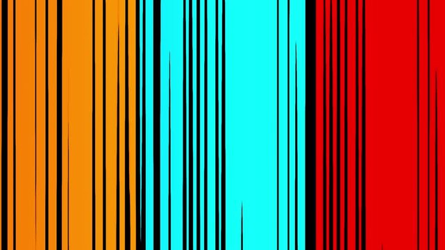 Animated colorful vertical stripe pattern featuring cyan, orange, red, and black geometric lines. Ideal for modern motion graphics, digital backgrounds, presentations, and creative design projects.