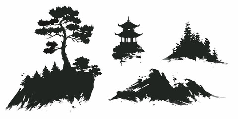 landscape elements ink wash silhouettes tree pagoda © Anik