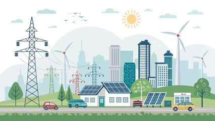 Obraz premium Sustainable green city with renewable energy sources like solar panels and wind turbines