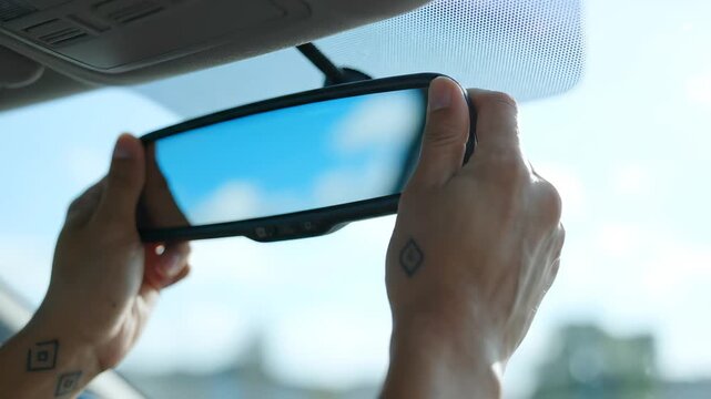 Person adjusting car rearview mirror