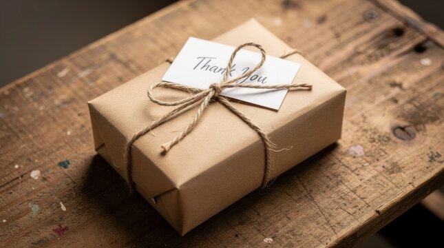 Gift Box Wrapped in Kraft Paper with a Thank You Note