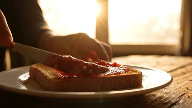 Person spreading jam on toast