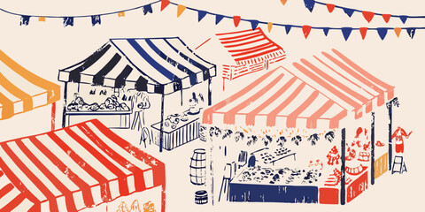 street market stalls hand drawn sketch illustration © Anik
