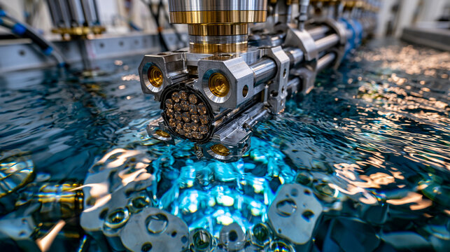 Zirconium alloy fuel rod bundle suspended in demineralized water pool, ceramic pellet stack visible through cladding, reactor core geometry reflected in still surface, neutron moderator depth creati