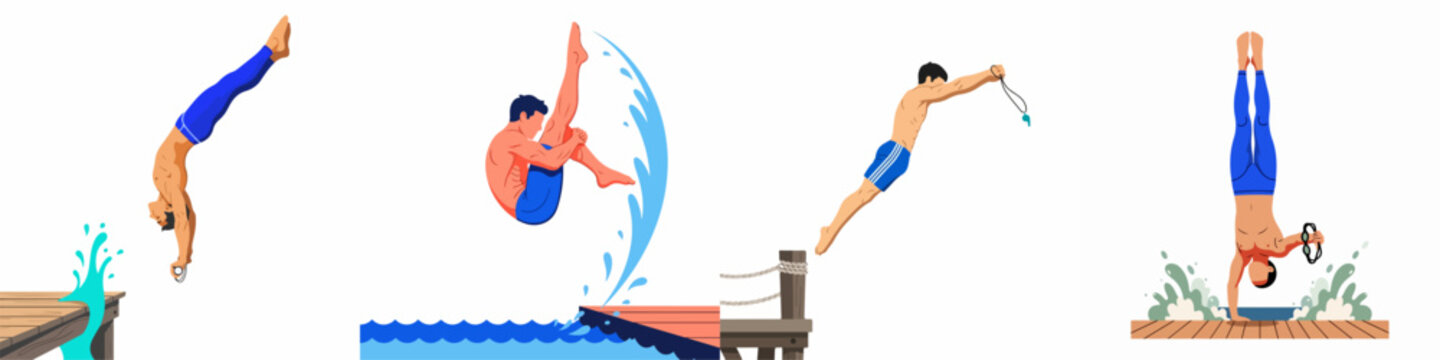 Collection of flat vector illustrations depicting various male divers jumping, diving, and performing acrobatics from a wooden pier into the sea.