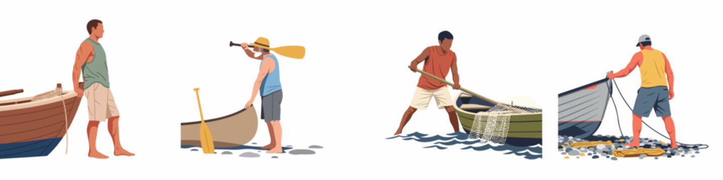 Diverse collection of flat vector illustrations depicting men with boats, canoes, and fishing gear on the beach and in the water.