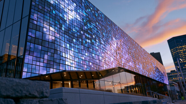 Pixel-resolution LED media facade seen from oblique street-level angle at dusk, thousands of individual RGB emitter modules composing building-scale display surface, each pixel cluster visible as di