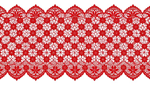 A vibrant, detailed, red lace trim with intricate floral and geometric patterns against a white backdrop