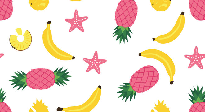 Tropical summer seamless pattern with whole pineapples, ripe bananas, pink starfishes, and pineapple slices over a white background.