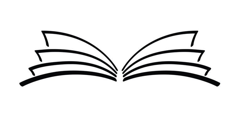 Cartoon open book and pages. Education concept. Line drawing. Opened books sign. Book store logo. Flying pages.