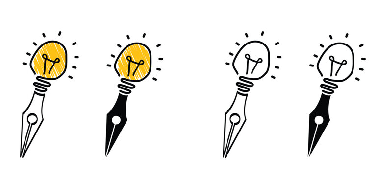 Dip pen and ink, electric lamp idea. Drawing pen for precise operation, dispenses ink for fine technical line work. Light bulb ideas, lightbulb education. Pencil lamp concept idea.