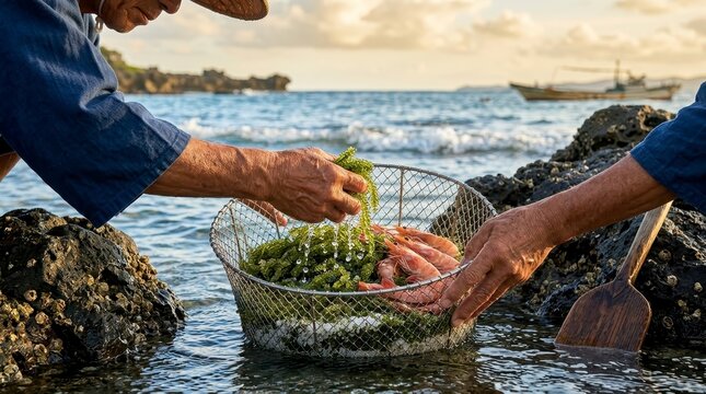 Harvesting fresh seafood and sea grapes from the ocean