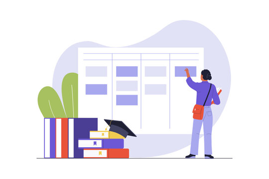 Illustration of Academic School Curriculum. A student stick notes on a giant academic schedule timetable to organize their school curriculum and study plan