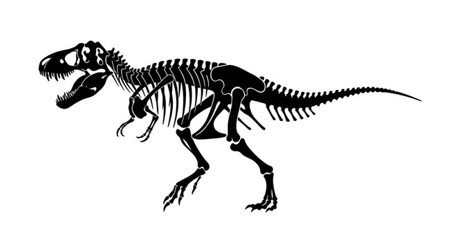 A dinosaur skeleton, specifically a Tyrannosaurus Rex, is walking in a prehistoric landscape, showcasing its bones and fossilized remains in a side view.