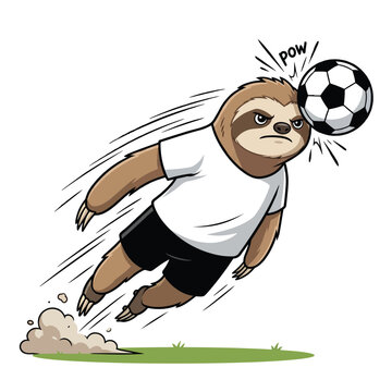 A sloth kicks a soccer ball hard on green grass outdoors