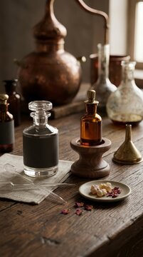 Vintage Apothecary Perfume Bottles and Distillation Equipment
