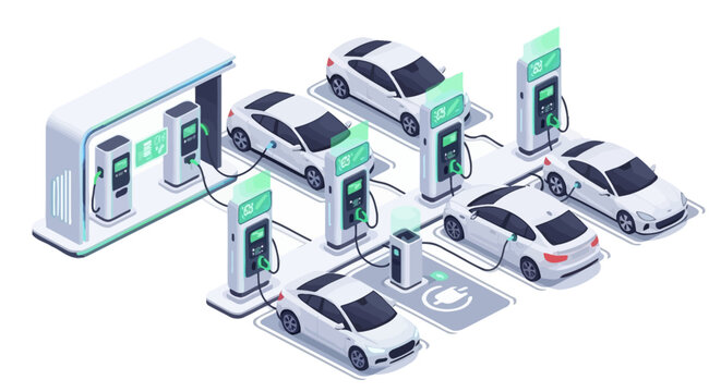 Isometric electric vehicle charging station illustration