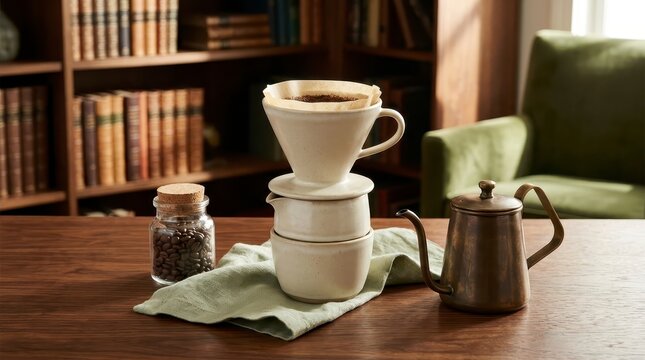 Pour over coffee brewing setup with beans on wooden table