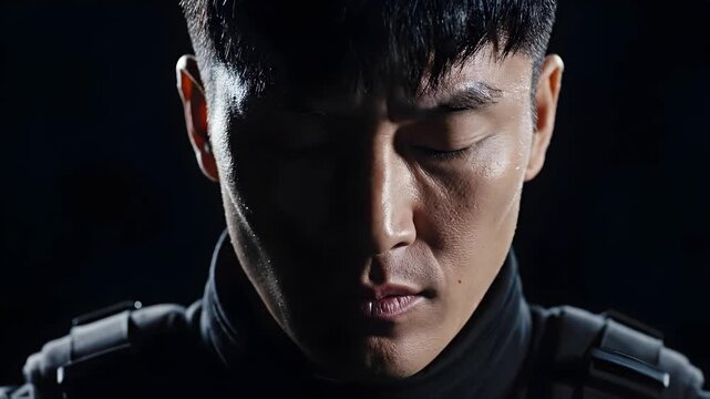 Close up portrait of an intense Asian man in black tactical gear staring deeply at the camera with dramatic lighting